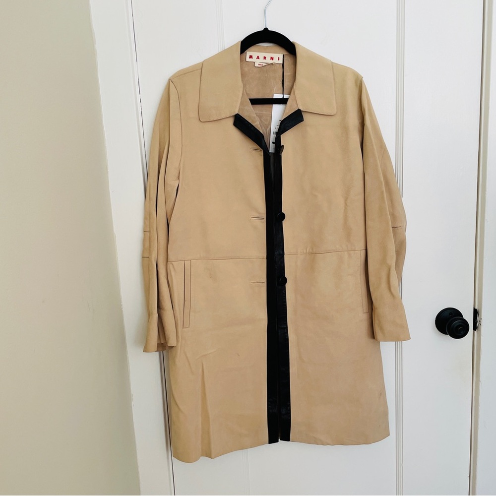 MARNI Leather Coat Tan Black Contrast Trim Italy SPMXL11QY0LV072 Womens 40 S
